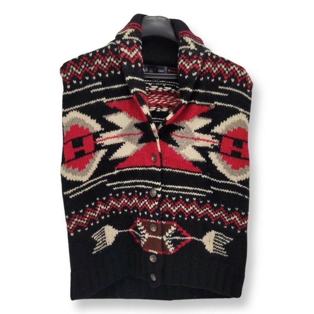 Polo Ralph Lauren Wool Vest Knitted Aztec Argyle Black/Red Button Up Size Medium